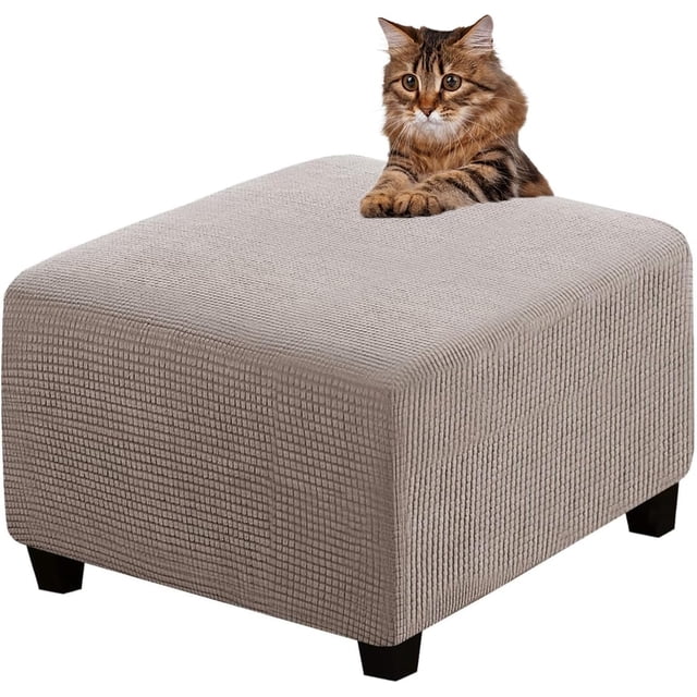 Ottoman Cover Slipcovers Square Fit Length 13"-44" Footrest, Stool Covers, Ottoman Protector Cover, Footstool Covers with Stretch Thick Checked with Elastic Bottom, Removable Washable(Taupe,XL(67-84cm