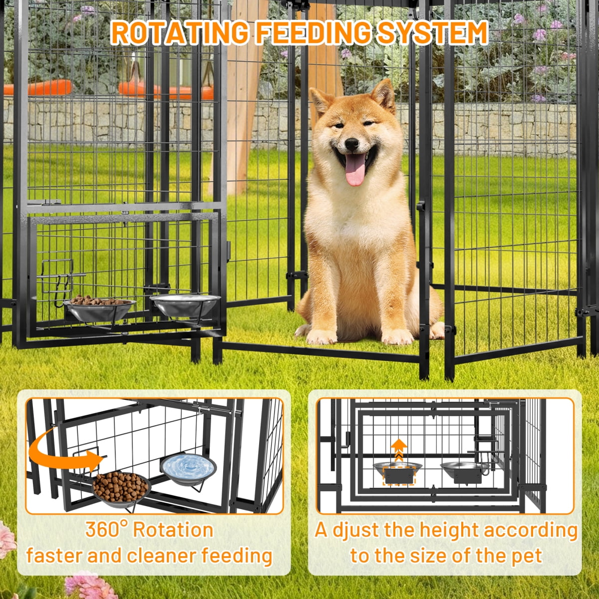 Dog Kennel Outdoor with Roof 4.23x5.82x4.83 FT Heavy Duty Welded Wire Dog Crate with Waterproof UV Resistant Cover Double Lock and Rotating Feeder Grey