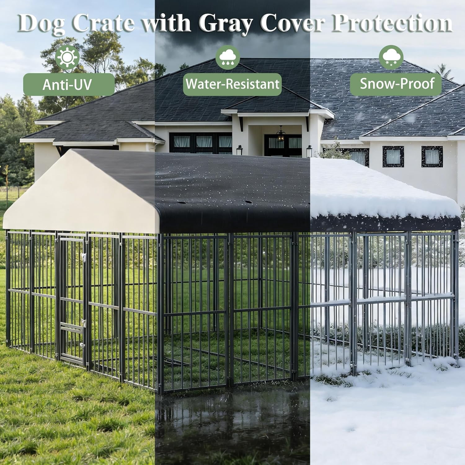 SnugVista 10x10FT Dog Kennel Outdoor, Heavy Duty Large Dog Cage with Gray Roof, Escape-Proof Double Locks & Swivel Feeding Door, Galvanized Metal Dog Run Enclosure for Outside House