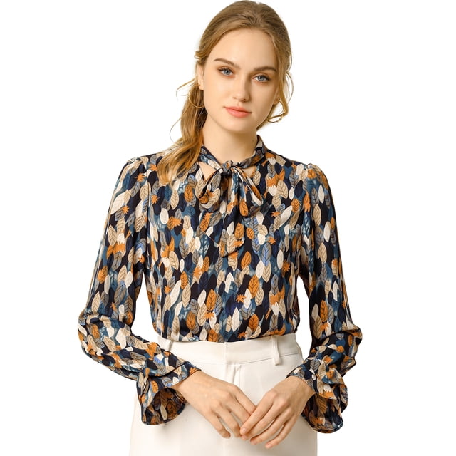 Blusa con cuello En V y lazo floral Allegra K camisa de manga larga volantes trompeta vintage Naranja azul L