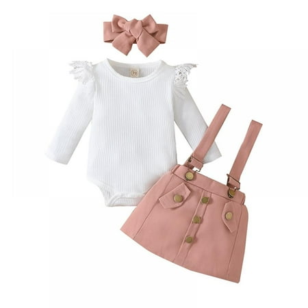 

Kid Outfits for Girls Infant Girls Ruffles Fly Sleeve Solid Ribbed Romper Lace Bodysuits Suspenders Skirt Headbands