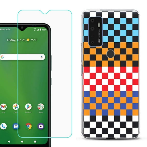 Shockproof Bumper Phone Case for AT&T Radiant Max 5G / Fusion 5G, with Tempered Glass Screen Protector, by OneToughShield ® - Colorful Checker