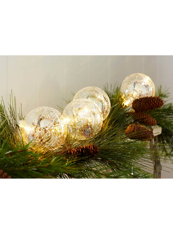 Home Seasonal Decorative 3.5" Ball Ornaments (Set Of 2 ) with Led Light String 4.5'L Glass