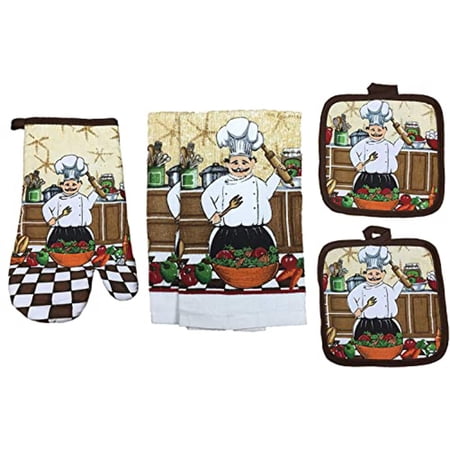 Italian Chef Collection 100% Cotton Printed Kitchen Linen Set of 5 includes 2 Kitchen Towels 2 Potholder 1 Oven mitt Kitchen Décor for Cooking Baking Barbecue