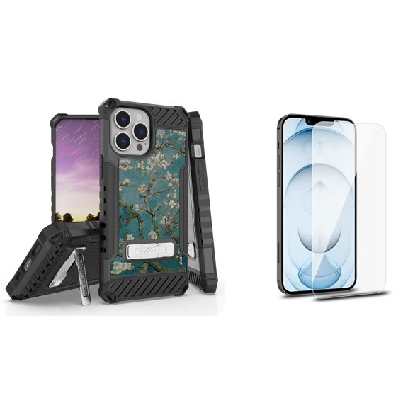 Bemz iPhone 13 Pro Max Bundle: Tri Shield Shockproof Armor Rugged Case (Midnight Cherry Blossom), Premium Glass Screen Protectors (2-Pack)