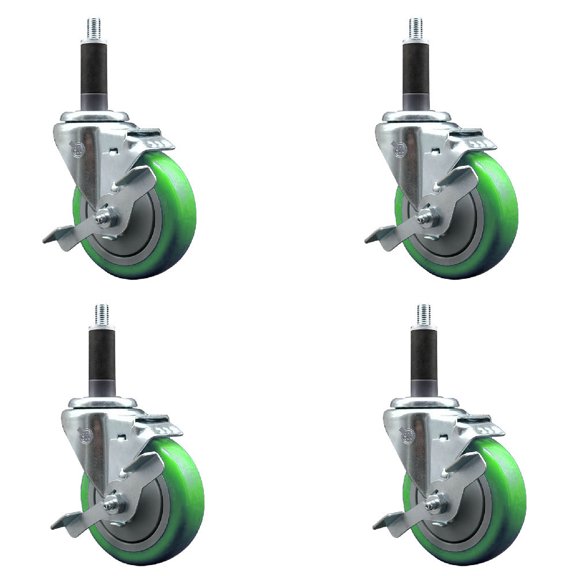 4 Inch Green Poly Swivel 1 Inch Expanding Stem Caster Set with Brake SCC