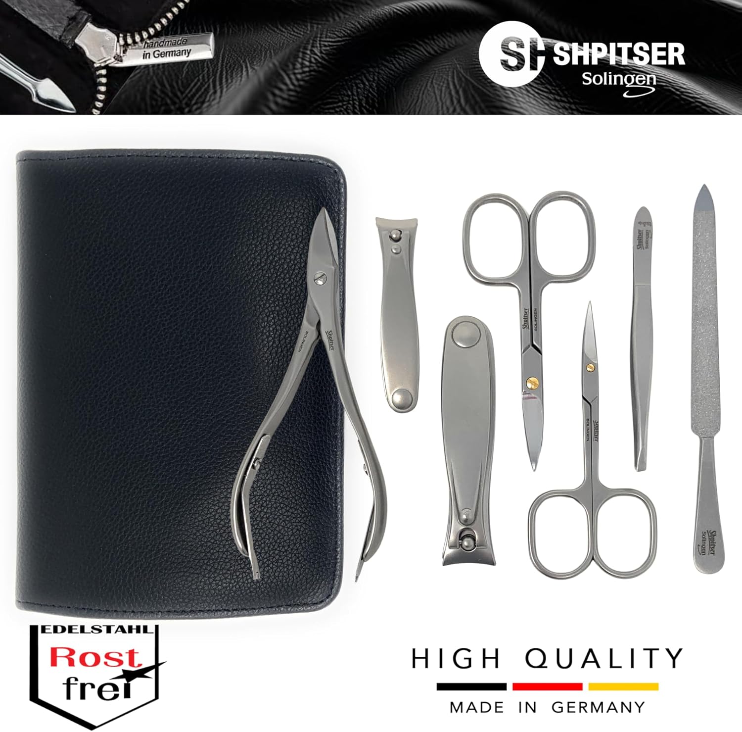 SHPITSER Professional 7pc TopInox Surgical Stainless Steel Tools Manicure Pedicure Set in Genuine Durable Leather Case Handmade in Solingen Germany for Nail and Cuticle Care