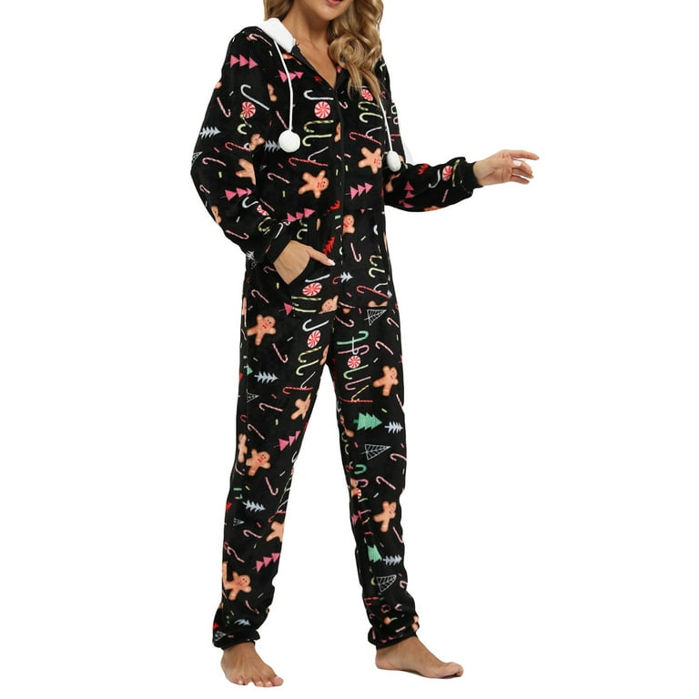 LWXQWDS Christmas Pajamas for Women Hooded One Piece Jumpsuit Onesie Zip Up Sleepwear Walmart