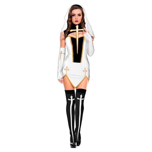 Sonducket Conjunto de disfraz de monja sexy fácil de usar e idea de regalo para mujeres de Halloween Disfraz de monja de Halloween Disfraces de disfraces blanco METRO