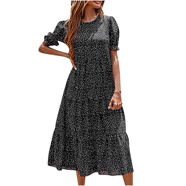 Vente de Liquidation Robes d'Été pour Femmes 2023 Manches Courtes Imprimé Motif Floral Robe Col Rond Volant Midi Ajustée et Évasée Quotidien Élégante Vintage Vacances Bord de Mer Bohème Ligne A Ourlet Évasé Robe