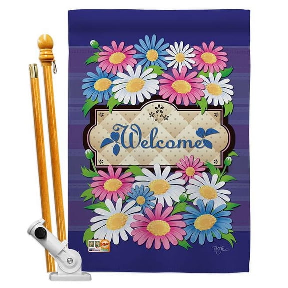 Breeze Decor BD-FL-HS-104076-IP-BO-D-US11-BD 28 x 40 in. Welcome Daisies Spring Floral Impressions Decorative Vertical Double Sided House Flag Set with Pole Bracket & Hardware