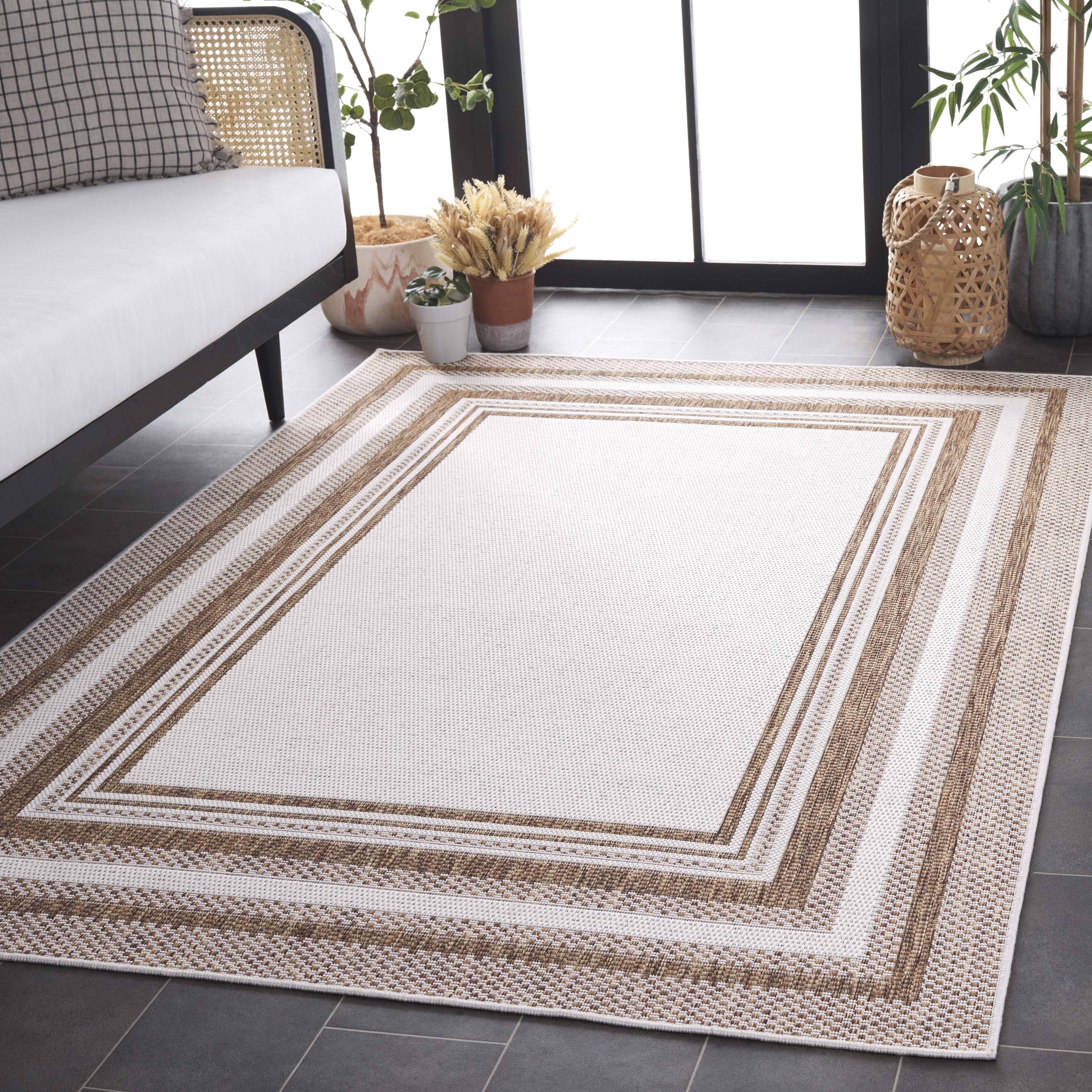 SAFAVIEH Beach House Carlie Bordered Indoor/Outdoor Area Rug, Beige/Brown, 6'7" x 6'7" Square