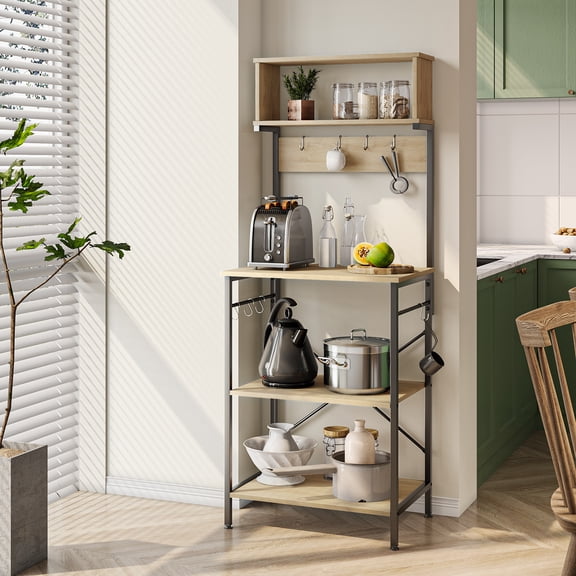 Bestier 5 Tier Kitchen Baker's Rack, 60.5" Microwave Stand with Hooks, Oak Light