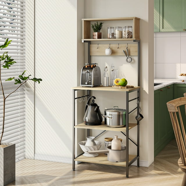 Bestier 5 Tier Kitchen Baker's Rack, 60.5" Microwave Stand with Hooks, Oak Light