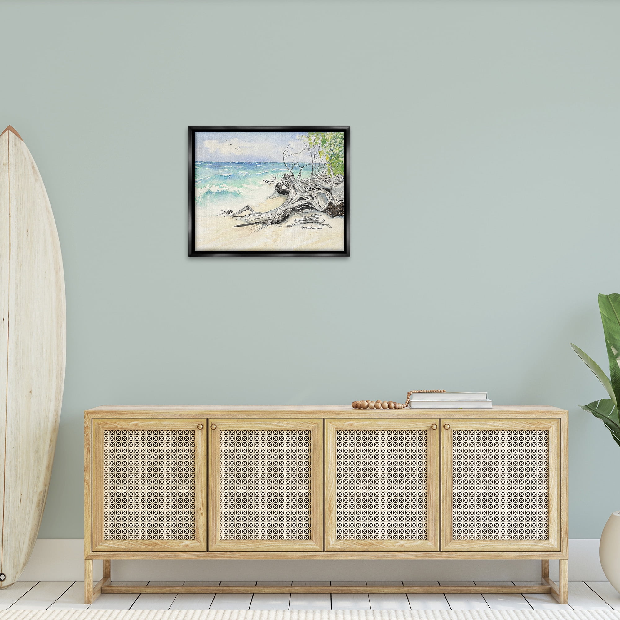 Stupell Industries Beach Driftwood Landscape Landscape Painting Black Floater Framed Canvas Art Print Wall Art, 31 x 25