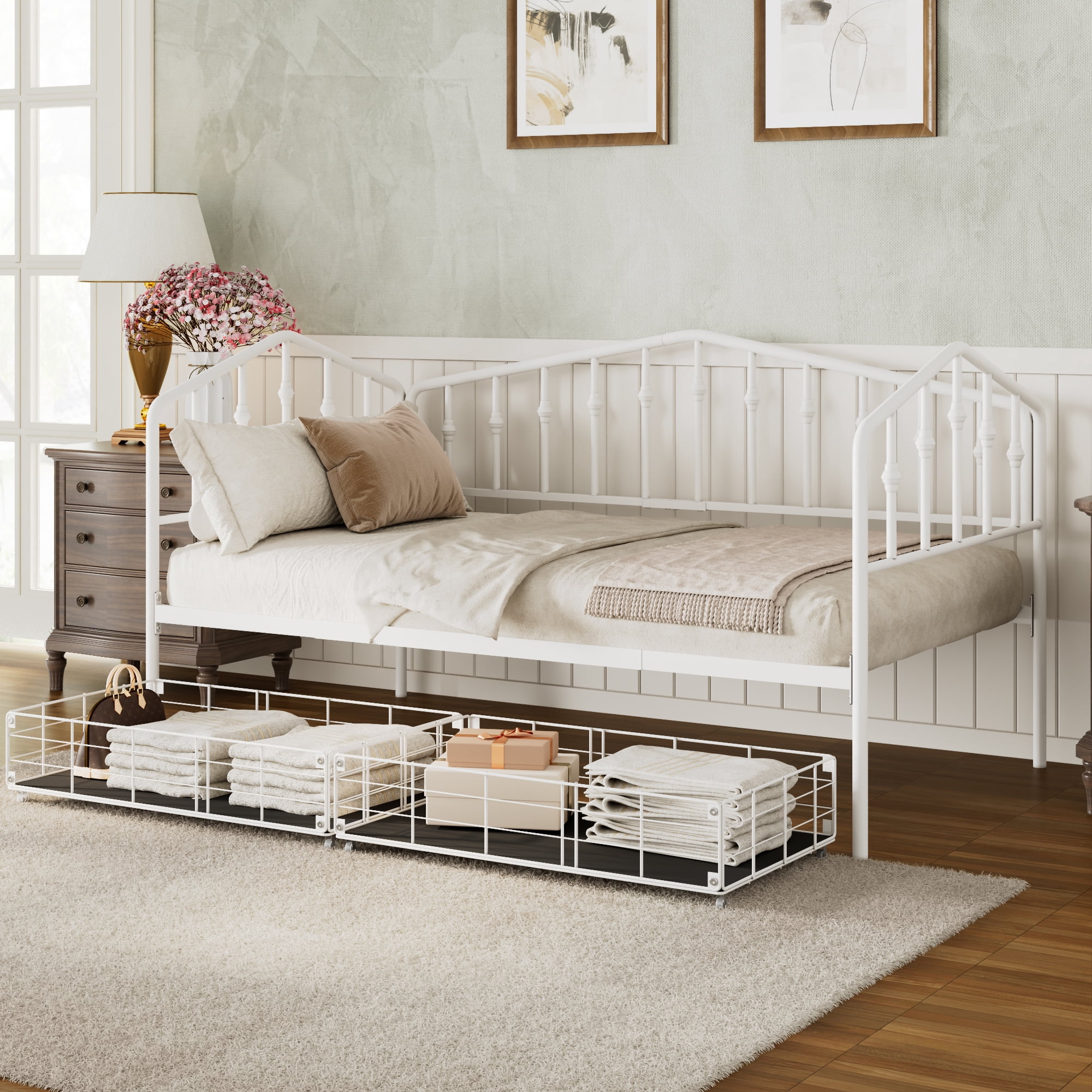 GARITIN Twin Size Metal Daybed with 2 Drawers, Storage Daybed Frame with Drawers for Bedroom Guest Room, White