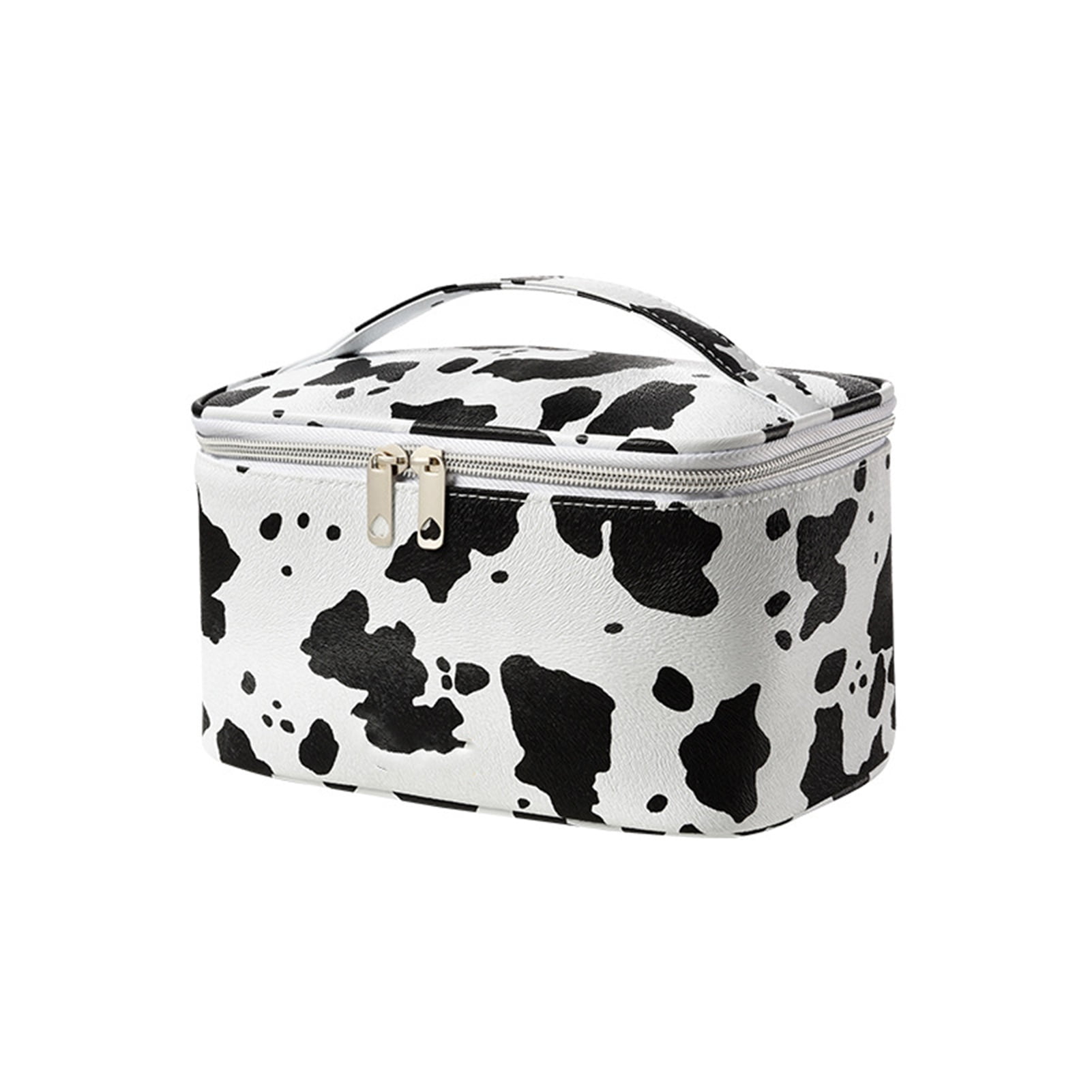 Unique Bargains Black White Double Layer Makeup Bag Cosmetic Travel Bag  Case Large Makeup Bag Make Up Organizer Bag for Women Cows Texture 1 Pc