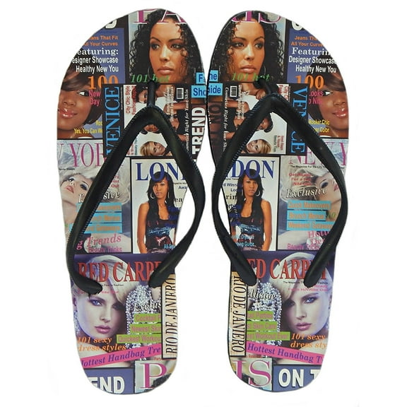 Beaute Fashion Trendy Emoji and Fashion Magazine Cover Print Adult Women Classic Black Flip Flop Thong Sandals - Extraable (Size 9, Magazine Print)