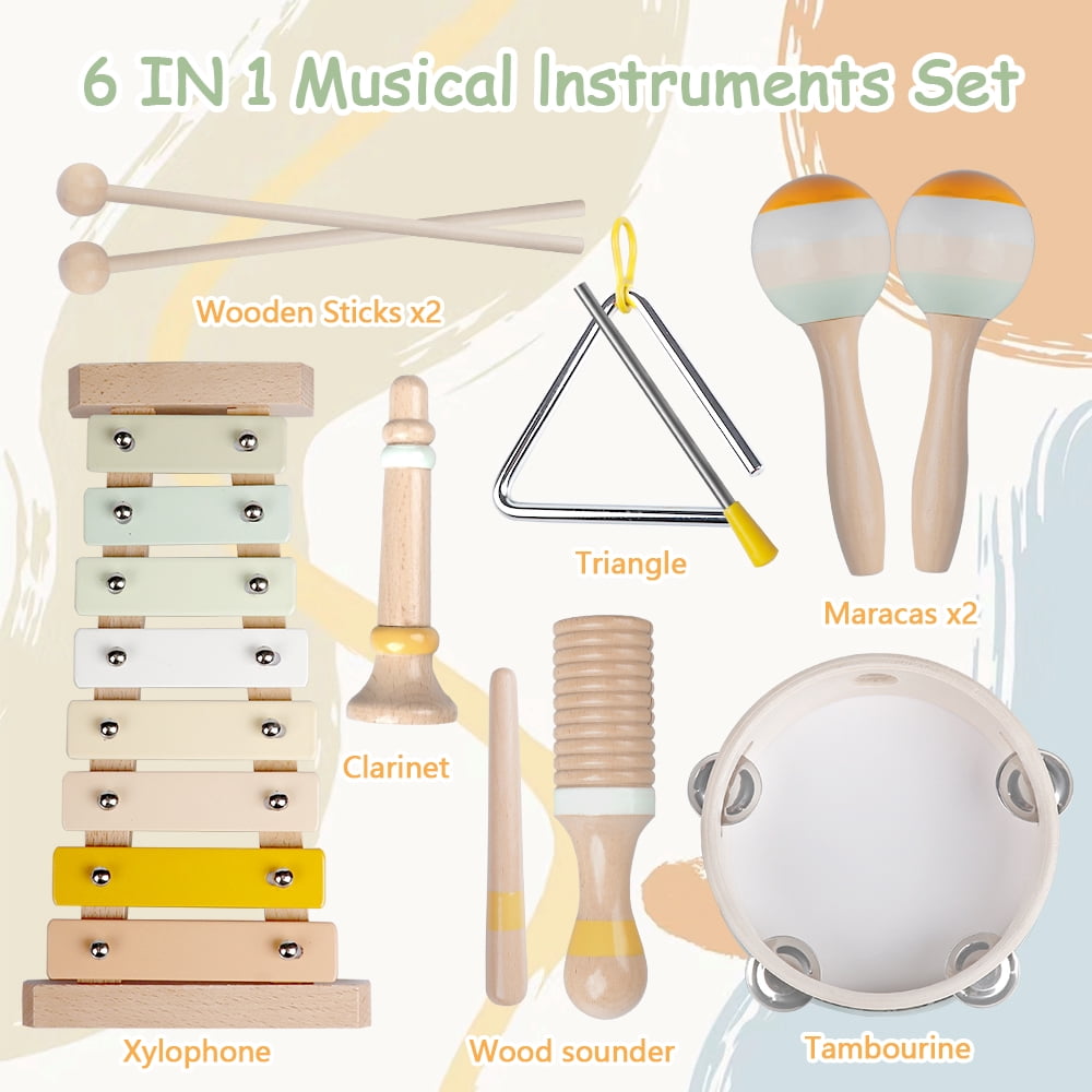 iFLOVE Baby Musical Instruments Set for Toddlers, Montessori Wooden Toys with Xylophone, Tambourine, Maracas, Neutral Color Music Toys for Kids 1-3
