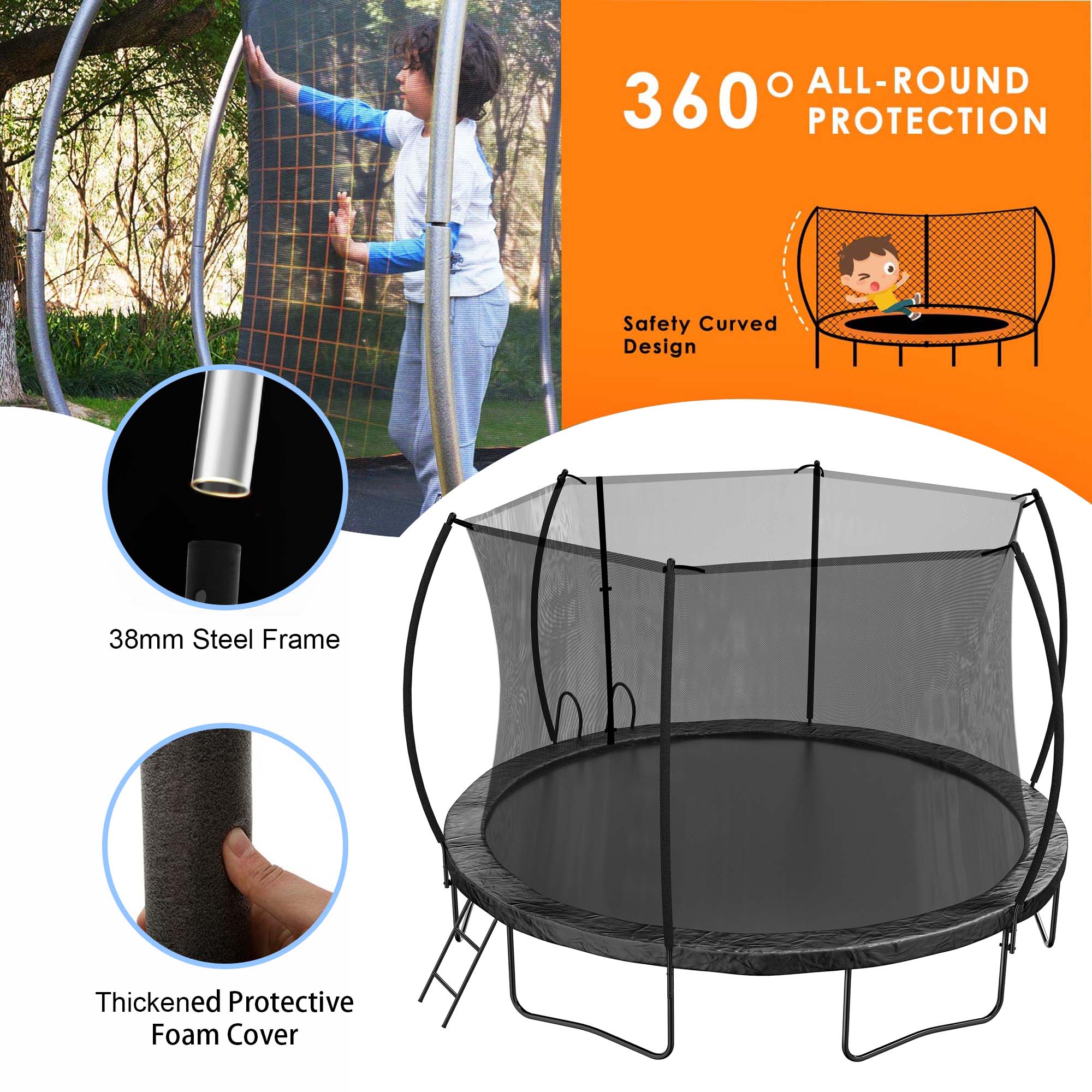 Aukfa Recreational Trampoline with Slide for Kids Adults, 12FT 14FT 16FT Tranpoline with Enclosure Safety Net, Ladder for Backyard