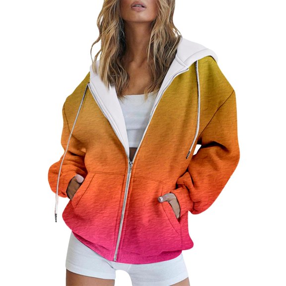 Clearance 2024!Women's Hoodies & Sweatshirts Fashion Autumn And Winter Gradient Printing Casual Pocket Long Sleeve Drawstring Hooded Jacket Zipper Women's Hooded Sweatshirt
