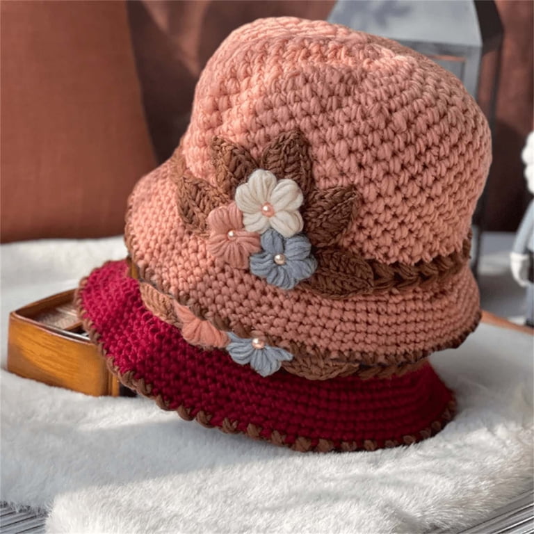 Women\'s Beautiful Style Crochet Red Flower Brim Knit Winter Warm Hat Cap Women\ main image 3