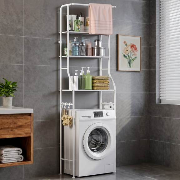 Riousery Over the Washing Machine Storage Rack, 3 Tier Laundry Shelf with Towel Bar, Freestanding Space Saver Organizer, White