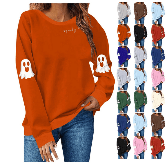 yoeyez Halloween Fall Sweatshirts for Women Cute Spooky Season Sweatshirt Graphic Long Sleeve Crewneck Pullover Tops Casual Blouse Army Green,S