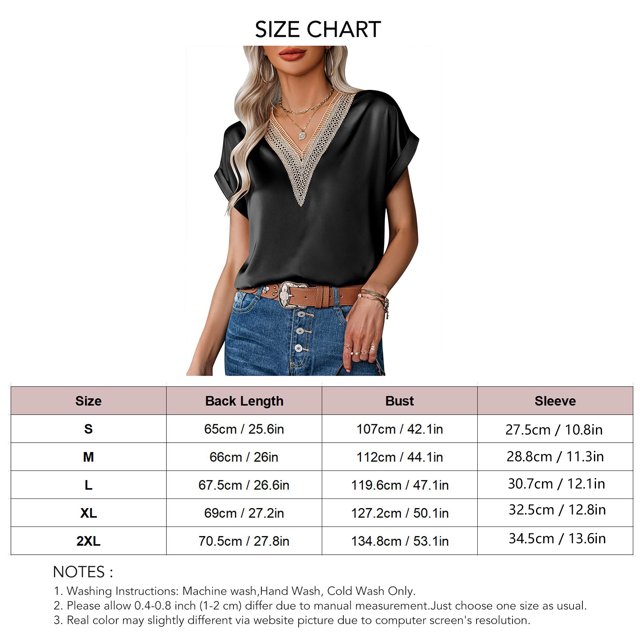 Camiseta con cuello en V para mujer, Camiseta con cuello en V de encaje para mujer Camiseta de manga corta para mujer Top de línea