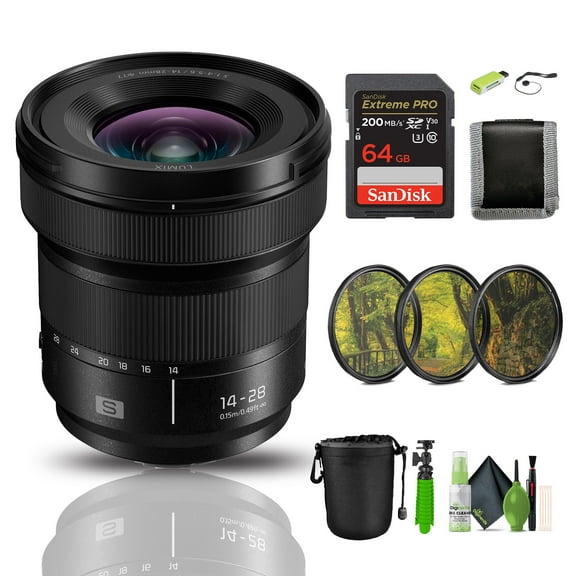 Panasonic LUMIX S Series Camera Lens, 14-28mm F4-5.6 Ultra Wide-Angle Zoom Lens with Macro Capability, S-R1428 Bundle with Extreme PRO 64GB Memory Card    Vlogging Tripod and more Accessories