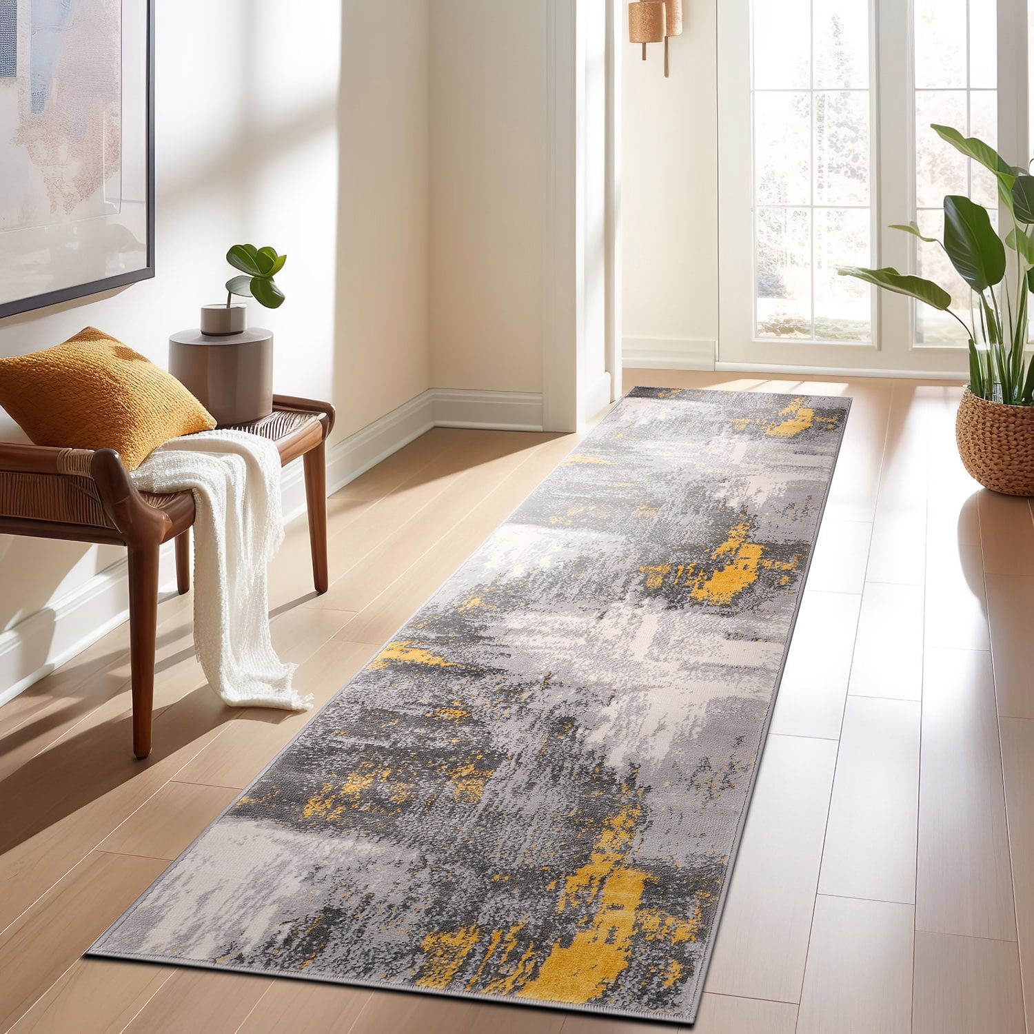 World Rug Gallery Bari Contemporary Abstract Art Area Rug - Yellow 2'x7'