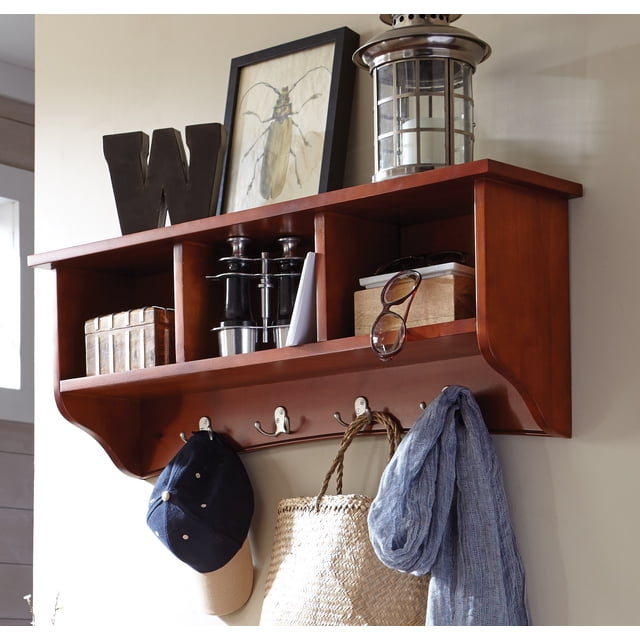 Alaterre Furniture Shaker Cottage Wall Mounted Coat Hooks with 3 Cubbies, Cherry