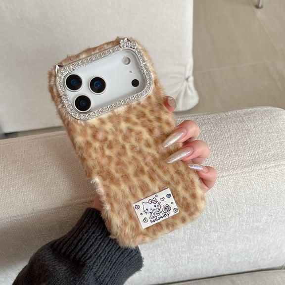 Hello Kitty Leopard Bracket Plush Phone Case For iPhone 17 Pro 16 15 14 Plus 13 Pro Max Shockproof Protective Cover