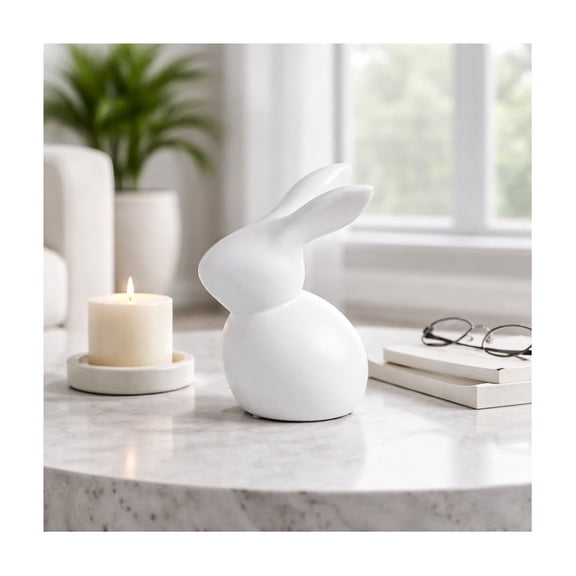 Modern Bunny Figurine for Home Decor - Animal Sculpture for Bathroom Counter, Office, Room and Living Room Styling - Stoneware Ceramic Ornament for Shelf or Coffee Table Display - 7", White