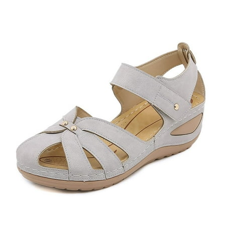 

Womens Clearance Sandals Women s Ladies Girls Comfortable Ankle Hollow Round Toe Sandals Soft Retro Lightweight Non-Slip Beach Platform Shoes Gray 9.5