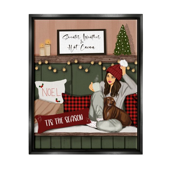 Stupell Industries Cozy Girl with Christmas Phrases Holiday Painting Black Floater Framed Canvas Art Print Wall Art, 17 x 21