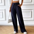 thumbnail image 3 of SWSMCLT Women's High Waisted Pants Ribbed Knit Drawstring Full Length Pants Long Lounge Casual Pants Wide Leg Pocket Loose Fit Elastic Navy Small, 3 of 5