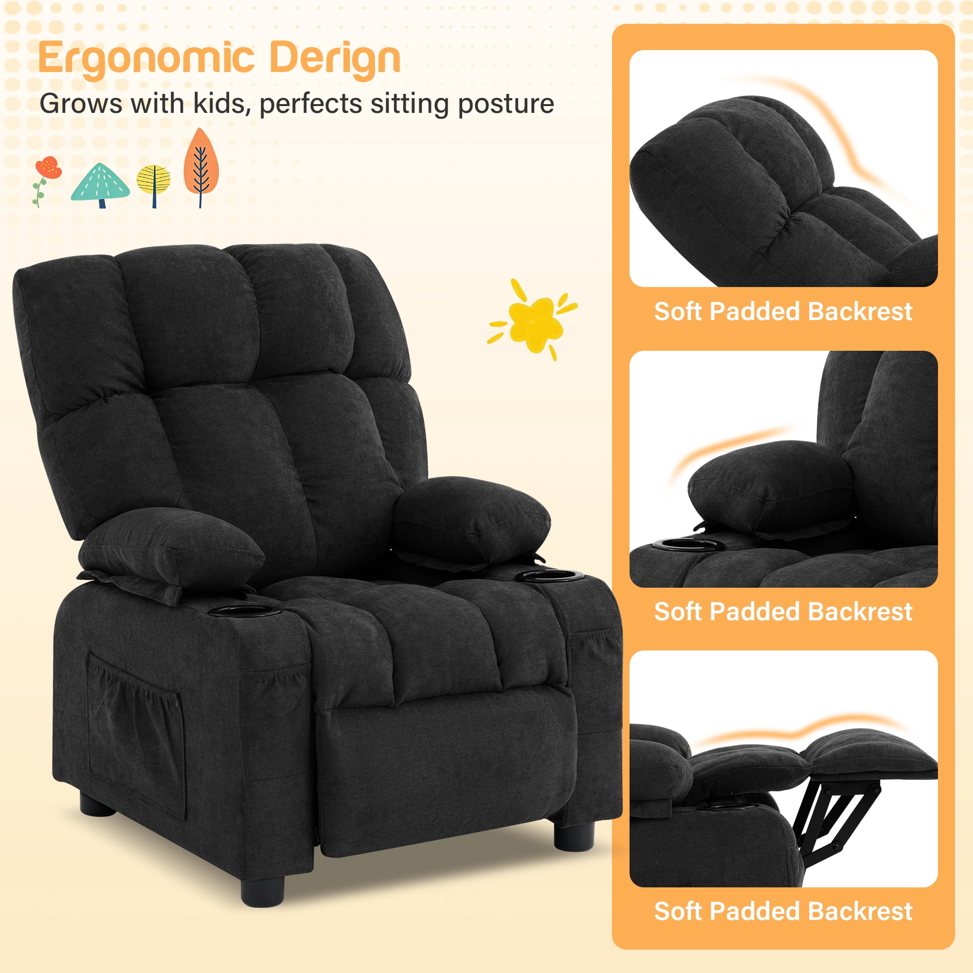 JONPONY Kids Recliner Chair,Push Back Toddler Recliner with Cup Holders & Side Pockets，Adjustable Footrest & Headrest Kids Sofa for Boys Girls 3+ Age Group，Children's Bedroom Furniture，Black
