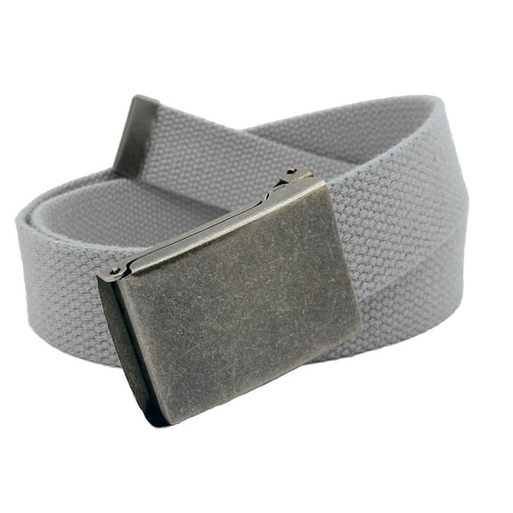 Men's Distressed Silver Flip Top Military Belt Buckle with Canvas Web Belt Large Gray
