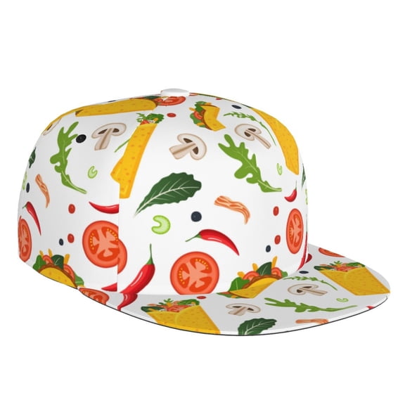 Flat Bill Trucker Hats for Women Men - Chili Taco Tomato Bacon Print Adjustable Flat Baseball Cap Snapback Hats Dad Hats for Men