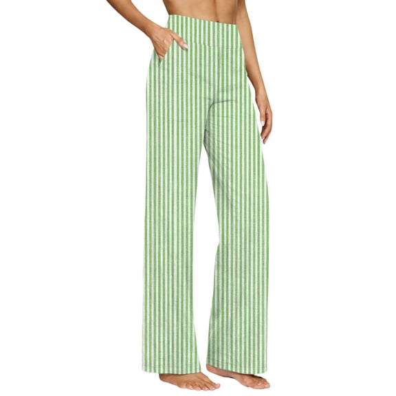 Iyufng Women's Cotton Linen Pants Striped Straight Leg Pants Summer High Waist Loose Casual Trousers