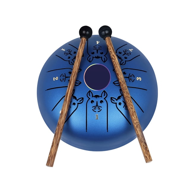 Ammoon Tambour à Langue en Acier Mini de 5,5 Pouces, Touche C 8 Notes, Handpan, Motif du Zodiaque Chinois, Tambour Tank, Instrument de Percussion avec Sac pour Instrument de Musique et Maillets (Motif Cheval et Bleu Foncé)