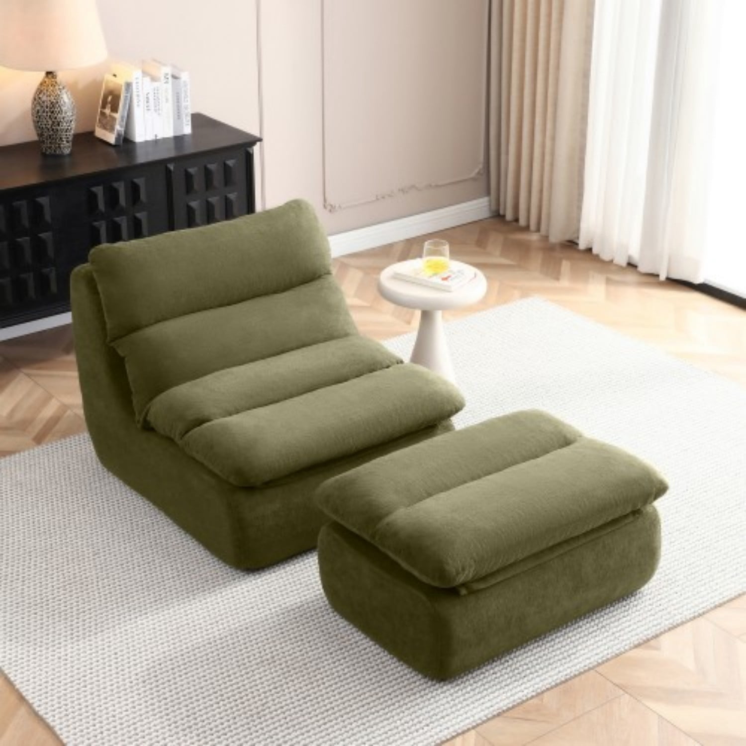 32" Bean Bag Chair with Ottoman, Tufted Upholstered Chaise Lounge Chair for Adults, High Density Foam Lazy Sofa with Footrest for Living Room, Bedroom, Gaming Room & Dorm, Green