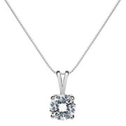 14K Solid White Gold Pendant Ladies Necklace | Round Cut Cubic Zirconia Solitaire | 1.0 Carat | 18 inch .60mm Box Link Chain | Everyday Elegance