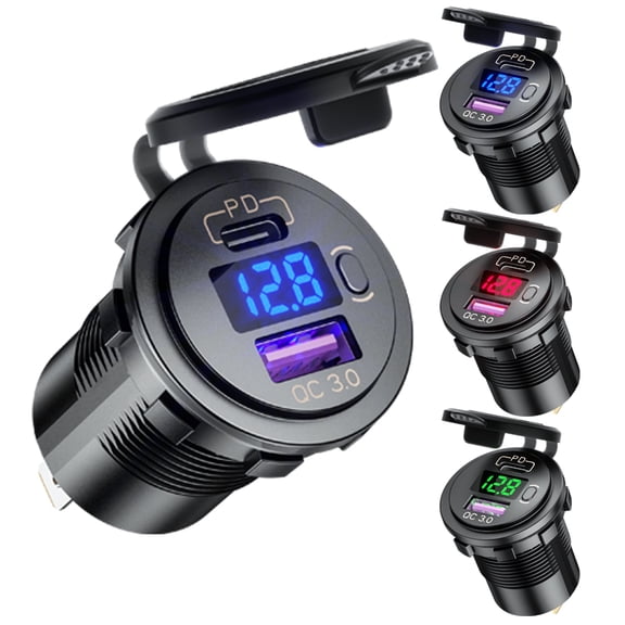 AOLIGEI 48W PD QC 3.0 12V/24V USB Car Charger LED Voltmeter Power Switch Car Lighter Socket For Motorcycle Truck SUV RV ATV Boat