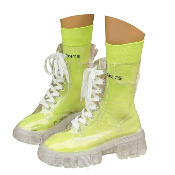 Women's Transparent Mid Calf Boots Lace Up Platform Combat Ankle Booties Non Slip Water-proof Clear Shoes