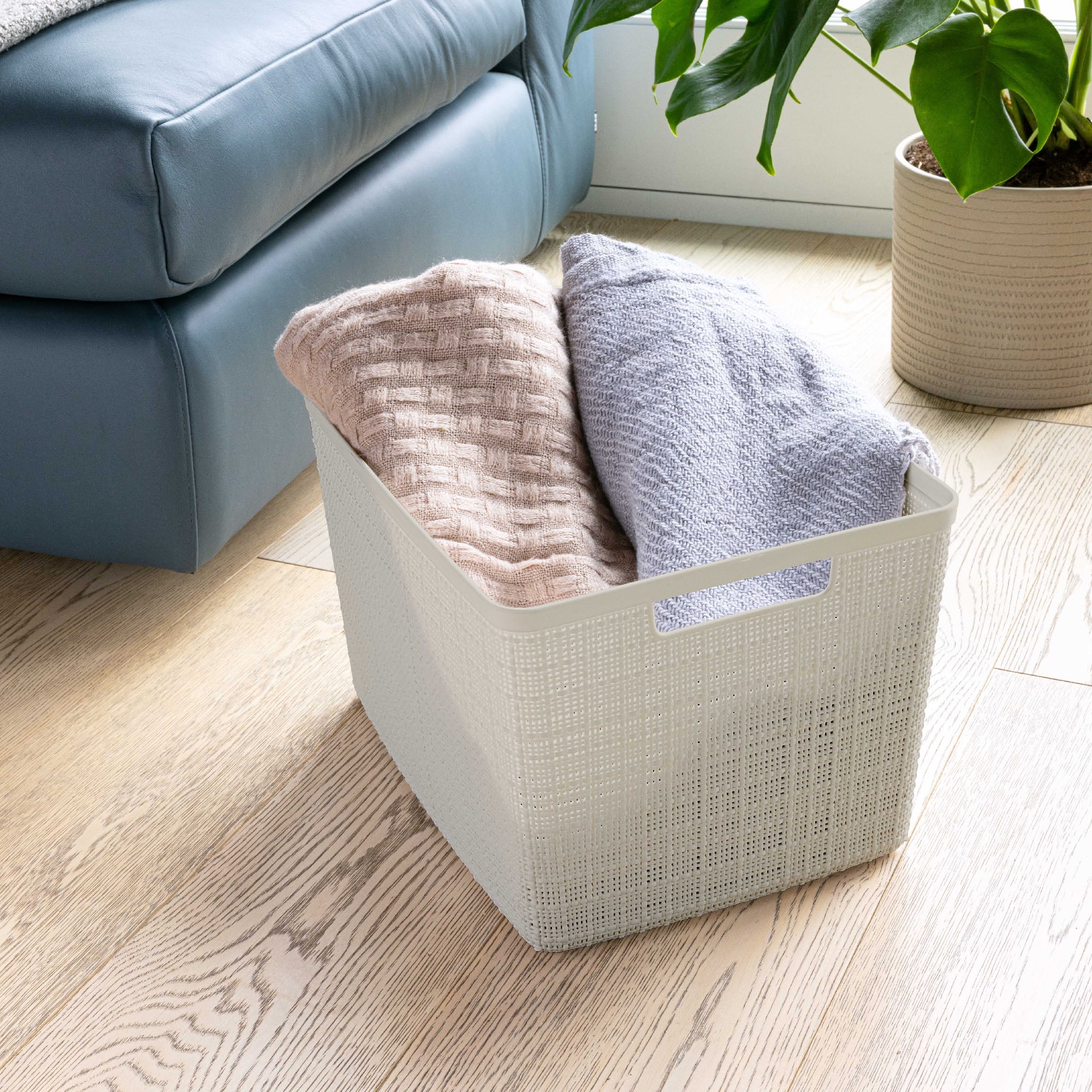 (2 pack) Curver Jute Large Beige Plastic Decorative Storage Basket, 14 in x 11 in x 9 in