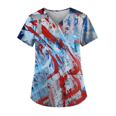 

Sksloeg Scrub Tops Women Stretchy Clearance 4th Of July American Flag Print Working Uniform Two Pockets Nurse Uniform T Shirt V-Neck Short Sleeve Tee Independence Day Sky Blue XXXL