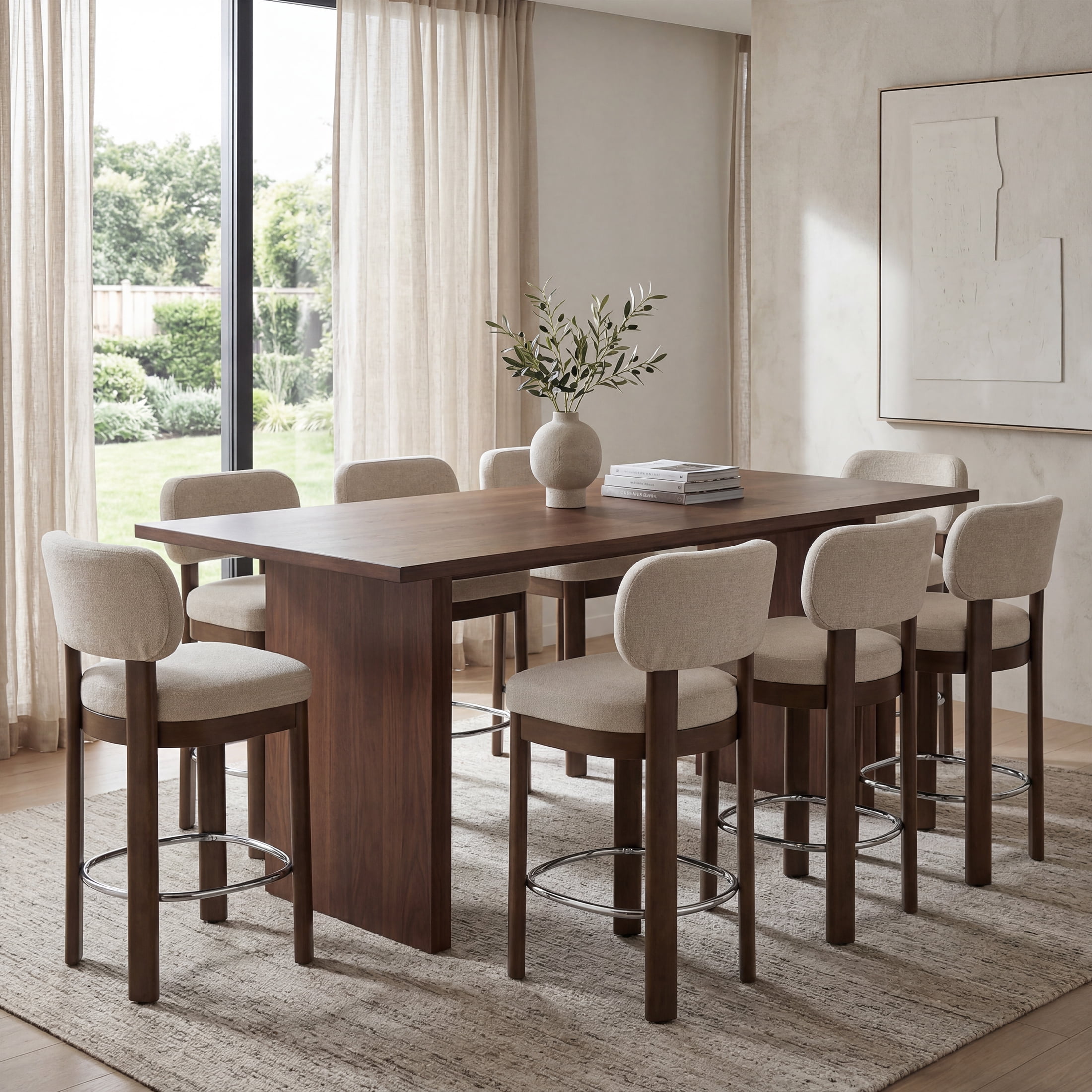 Guyou 26" Bar Stools Set of 6, Modern Linen Upholstered Counter Height Bar Stools, Farmhouse Armless Bar Chairs with Solid Wood Legs & Padded Back for Kitchen Island/Dining Room Bar, Beige