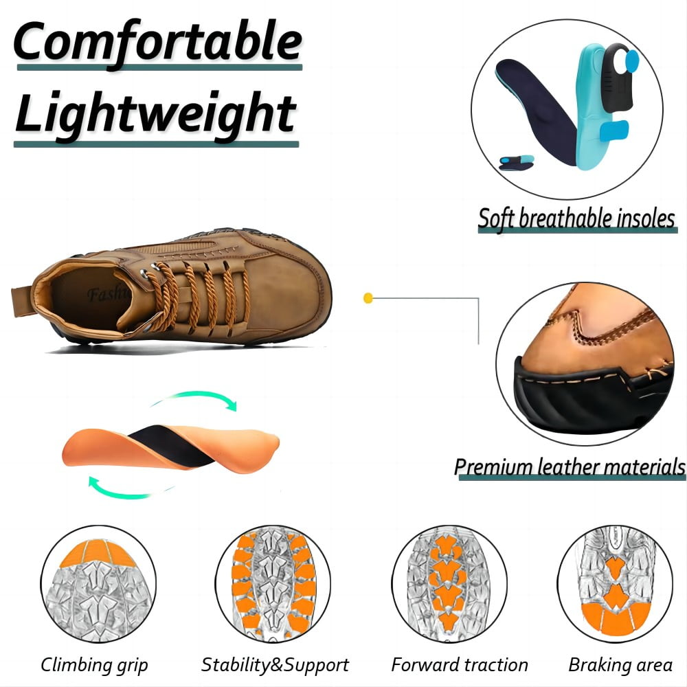 Men's Casual Leather Boots Handmade Lightweight Breathable Anti-slip Impact-resistant Sneakers Chukka Hiking Loafers Shoes Brown 10.5 US